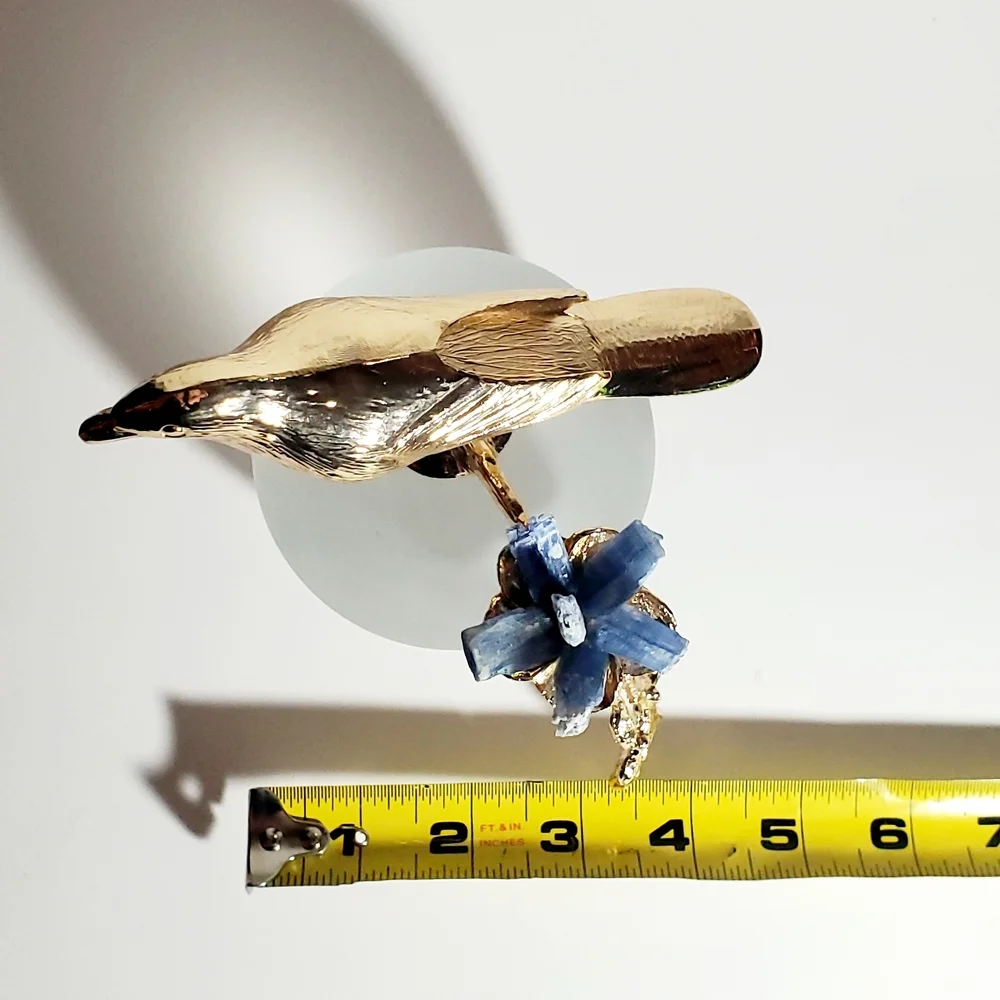 Modern Minimalist Art Glass Sculpture with Gold Tone Bird  & Quartz Gemstones
